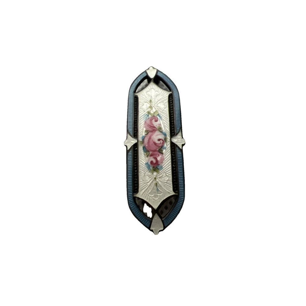 Vintage Frederick Hermann Sterling Silver Guilloche Enamel Rose Brooch Pin